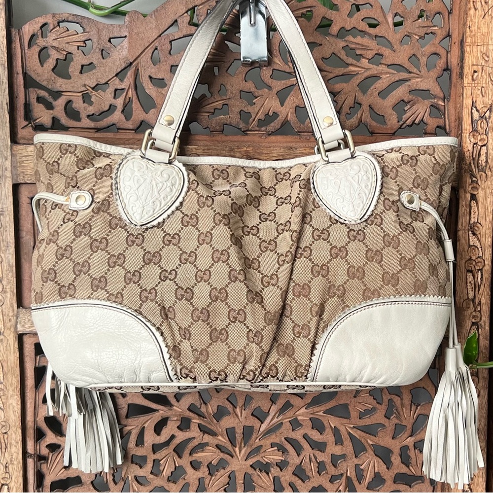 Gucci GG Mono beige / brown shoulder bag with tassels